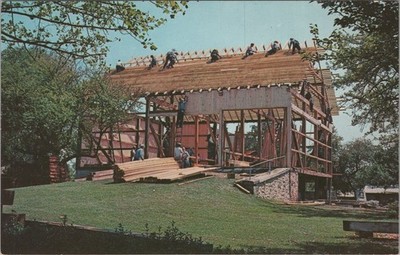 Vintage 1969 Amish Barn Raising Pennsylvania Photochrome Postcard
