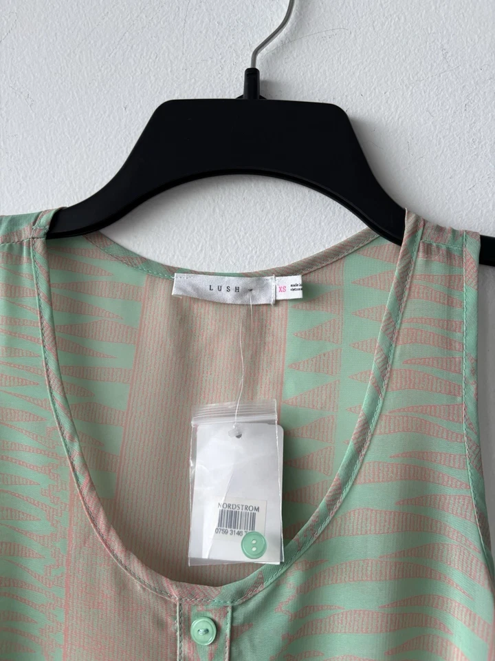 Lush Nordstrom Tank Green Beige Aztec Fringe Sheer Women XS Festival Boho NWT - Image 4 of 4