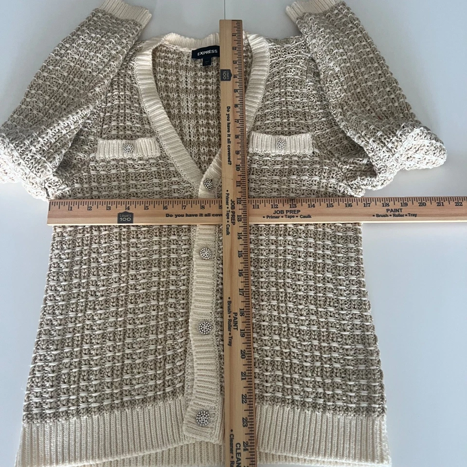 Express Wmns Cream Gold Cardigan Rhinestone Buttons Sz M Preppy Town Country - Image 3 of 4