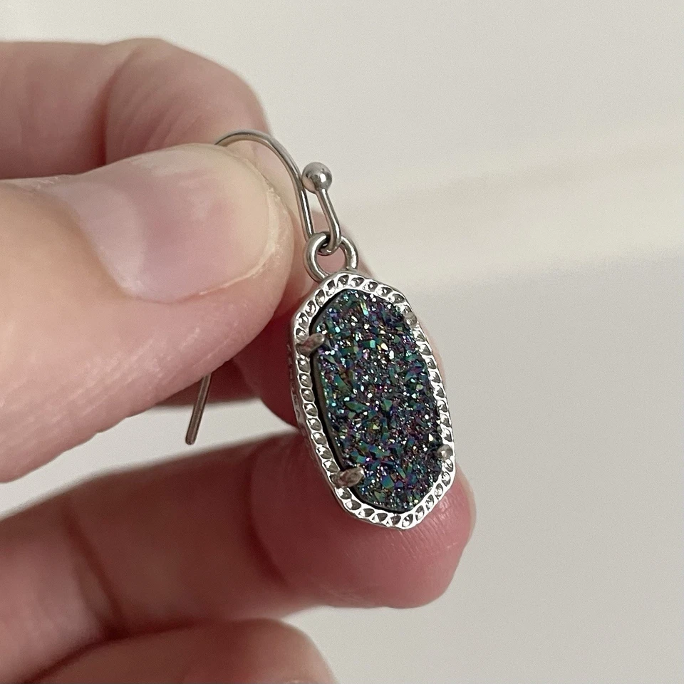 Kendra Scott Lee Silver Drop Earrings In Blue Purple Multi-Color Drusy Dangle - Image 4 of 4