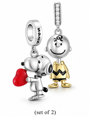 (2 pc) S925 Sterling Silver Snoopys Dog Charlie Pendant Charm Necklace Simulated