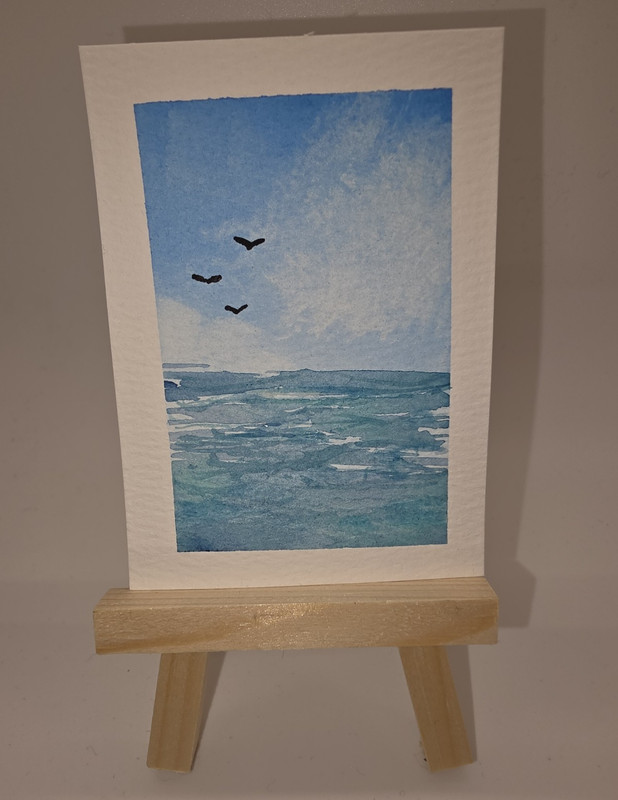 Minimalist Seascape Painting on Paper, Ocean Sky with Birds, Unframed, ACEO