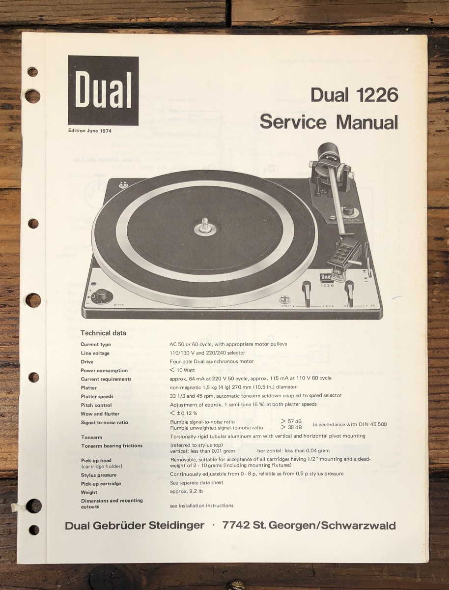 Dual Model 1226 Record Player / Turntable Service Manual *Original*