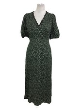 M&S Women's A-Line Dress Black Mix Puff Sleeves Floral Lace Trim Zip V-Neck New