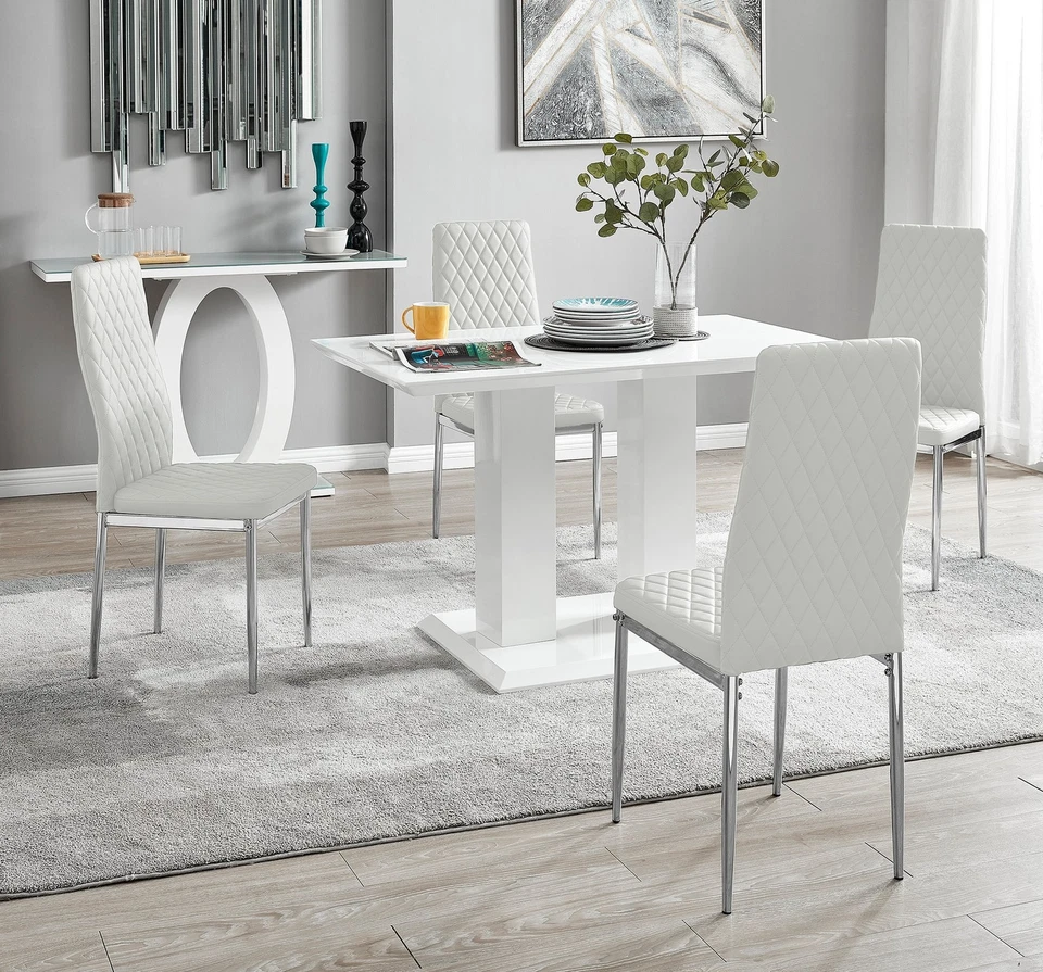 IMPERIA White High Gloss Dining Table & 4 Faux Leather Milan Dining Chairs