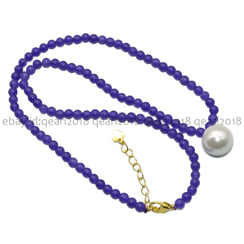 4mm Natural Assorted Gemstone 14mm Round White Shell Pearl Pendant Necklace 18'' - Picture 70 of 198