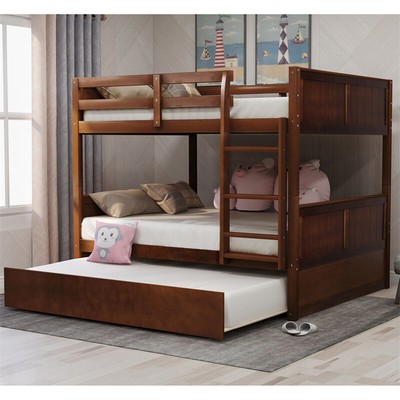 Full Over Full Wood Bunk Bed w/Twin Size Trundle for Kids Adults Bedroom-Walnut