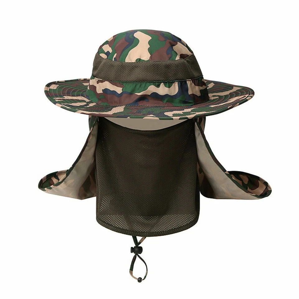 Hombres Camuflaje Cubierta Cara Pescador Sombrero Protección Solar Escalada Ala Ancha Gorras Foto 4 de 4