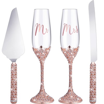 Sratte 4 Pcs Wedding Cake Knife and Champagne Flutes Server Set, Toasting Cry...