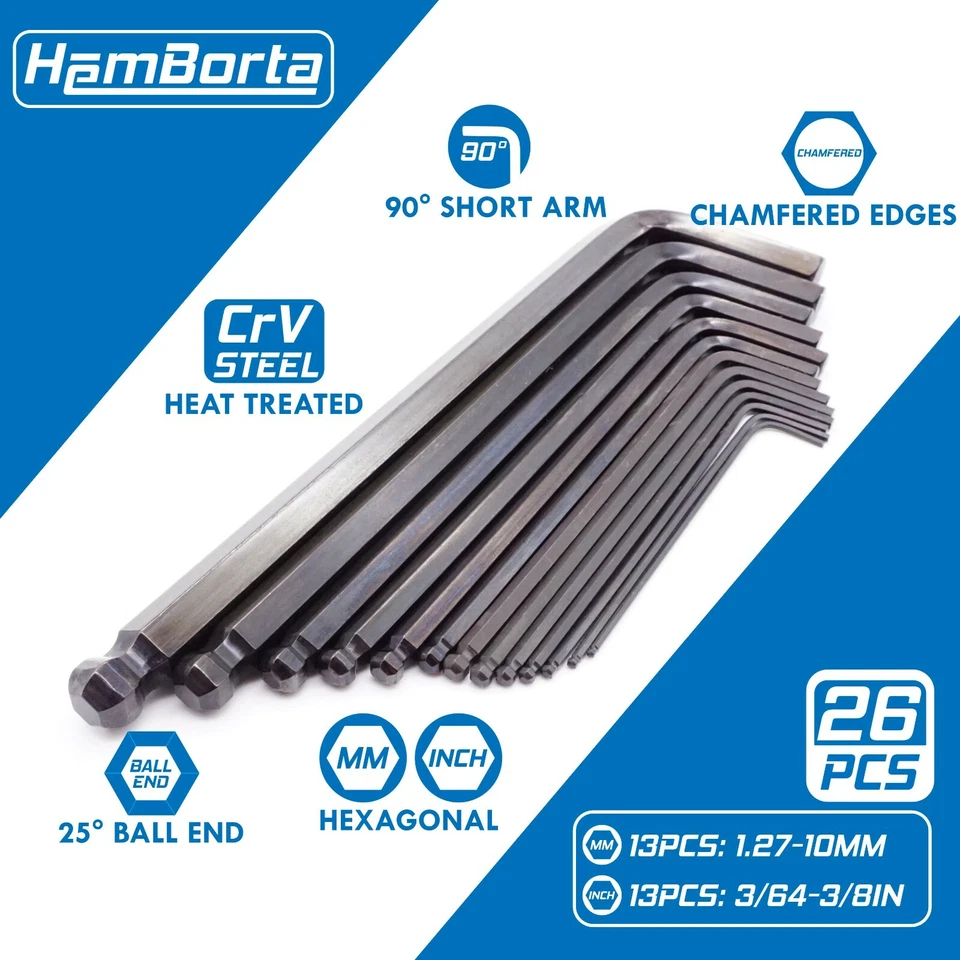 Allen Key Set HemBorta 26pc Hex Key Set Metric & Imperial Alan Key Set Wrenches - Image 3 of 4
