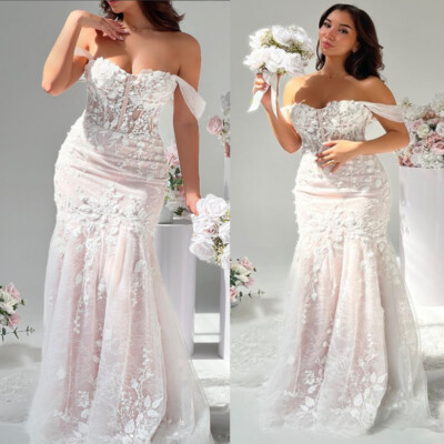 Blush Pink Mermaid Wedding Dresses Off the Shoulder Lace Plus