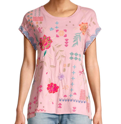 $138 JOHNNY WAS SZ XL KATIE EMBROIDERED RELAXED DRAPE COTTON TEE Taffy Pink NWT