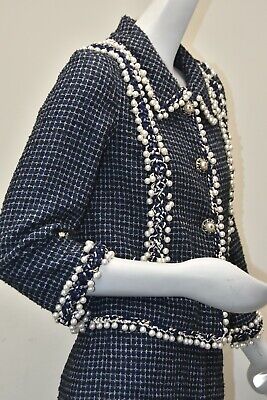 Chanel 02A Leather Trim Tweed Jacket/Skirt Suit Set - Navy Multi
