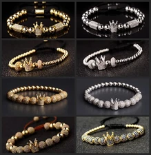 Luxury Cubic Micro Pave Gold CZ Crown Charm Men's CZ Copper Bead Bracelets