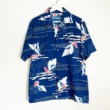 Vintage Sears Hawaiian Fashions Men’s Blue Button Top Shirt Shell Conch M