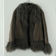 Charlotte Simone Olive Green Shearling Wool Coat Size Large