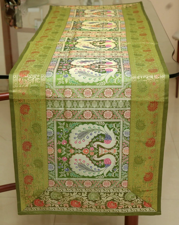 Green Silk Brocade Table Runner Peacock Wedding Decorative Wall Hanging Throw - Image 4 of 4