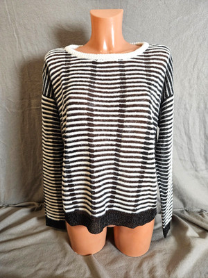 Tom Tailor Boxy Pullover Damen Metall-Optik Gr. M Schwarz Weiß gestreift NEU