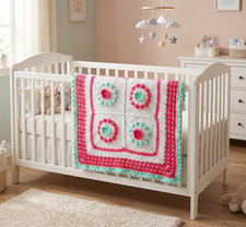Crochet Baby Stroller Blanket Mint Green, Rose Hearts in Granny Square Pattern
