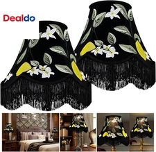 Black Floral Embroidery Bell Lamp Shades Set of 2,Handcrafted Silk Petal Edge wi