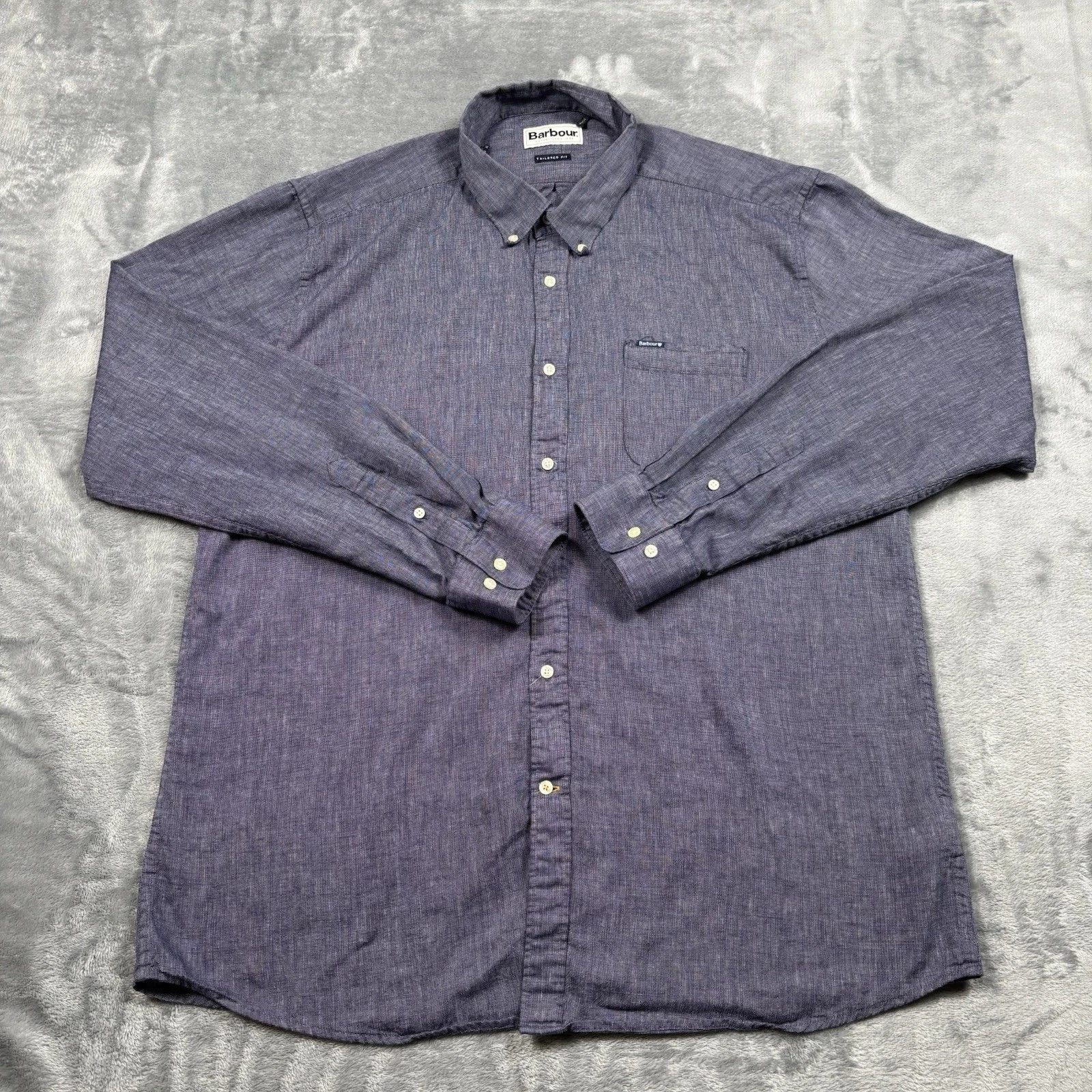 Barbour Mens Tailored Fit Long Sleeve Linen Blend Button Down Shirt Blue XL*