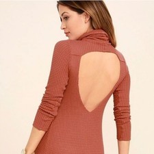 Lulus Never Say Goodbye Terra Cotta Open Back Turtleneck Mini Dress Size M