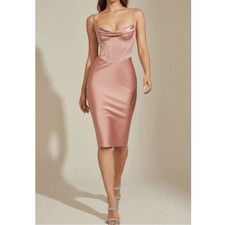 House of CB Myrna Rose Pink Satin Corset Midi Dress XS NWT