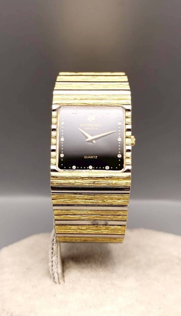Raymond Weil Geneve 18k Gold Black Dial Diamond Markers Vintage