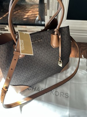 Michael Kors Mercer Gallery Brown Leather MK Printed Satchel Tote Bag NWT- $358