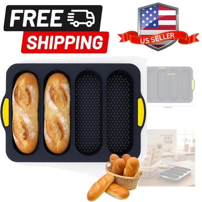 French Bread Hoagie Sub Roll Baking Pans 4-slot Mold, Non Stick Silicone Moul...