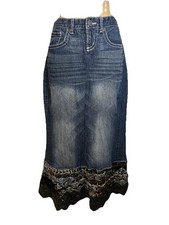 Unique Maurices Denim Maxi Skirt Crochet Hem Boho Y2K Festival Blue Jean Skirt