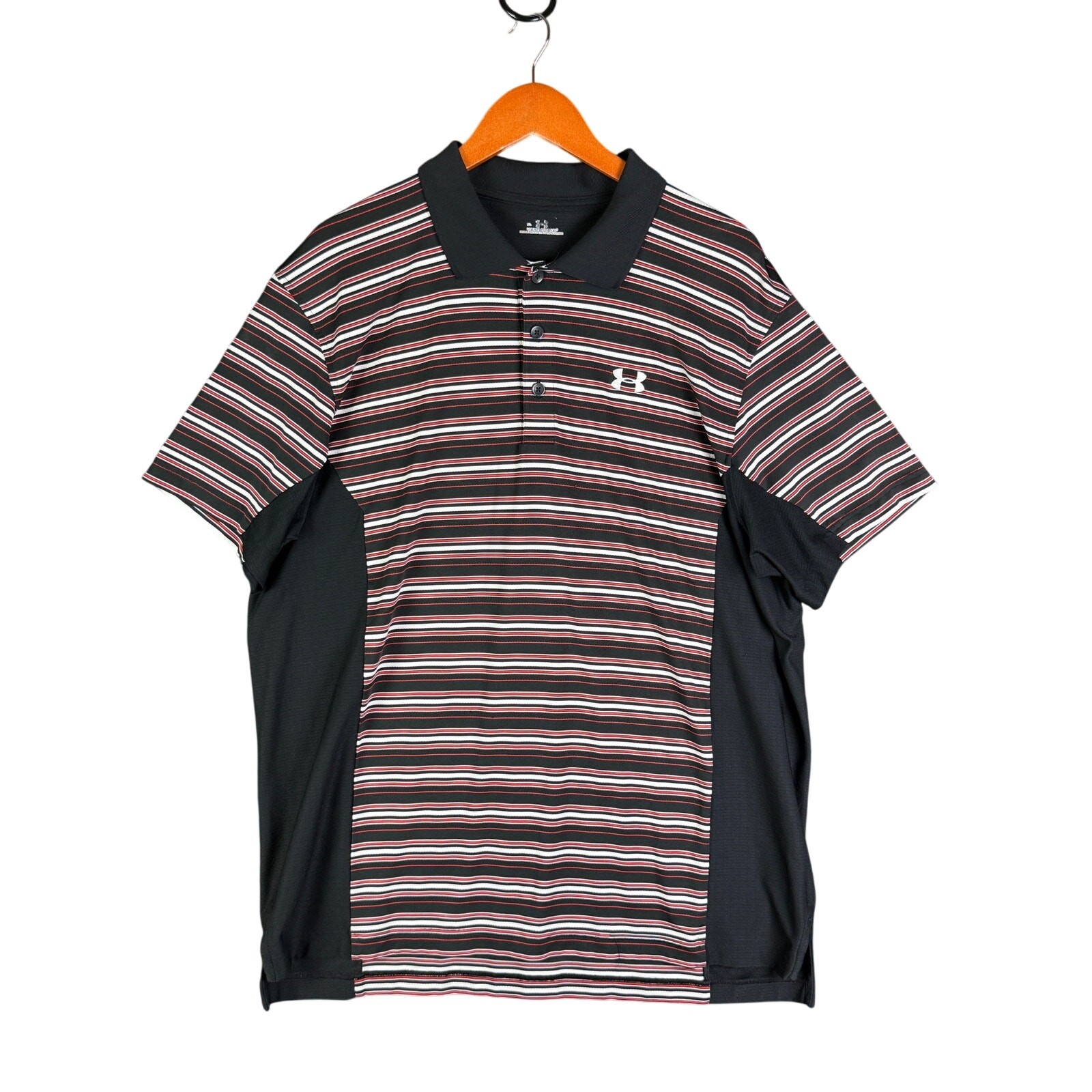 Under Armour Activewear Striped Polo Shirt Black Red Bred White Mens XL Vintage