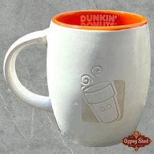Dunkin Donuts Etched Lefty Coffee Mug Cup 14oz Orange White Bulbous 2012