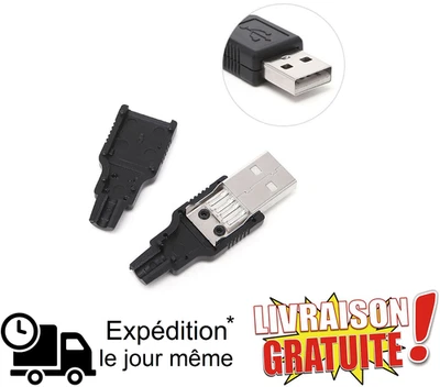 Fiche USB Mâle à souder avec coque Pour montage et réparation facile - Photo 1/4