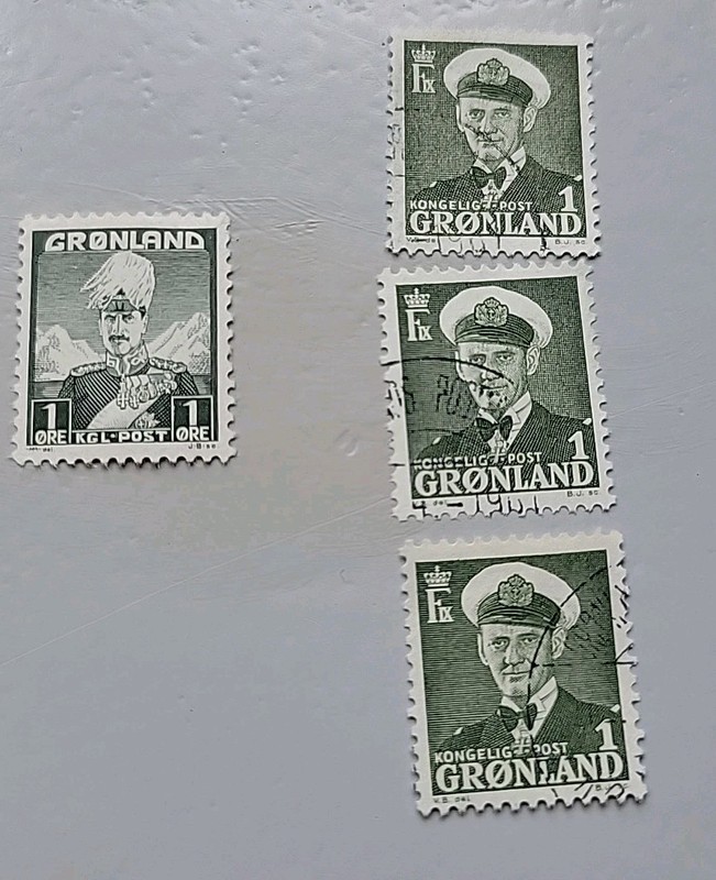 4 Greenland, Gronland Postage Stamps.  Royalty. 3 Used, 1 Not. 1938 & 1950.