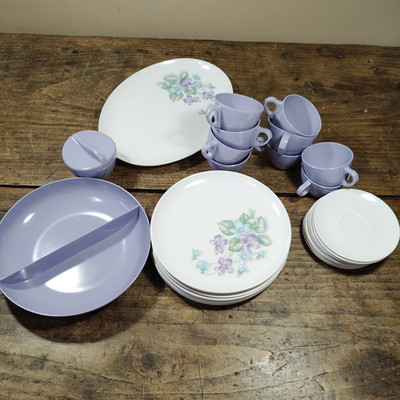 Huge Lot Vintage Royalon Melmac Purple Corsage Dinner Ware Cups Serving Bowl