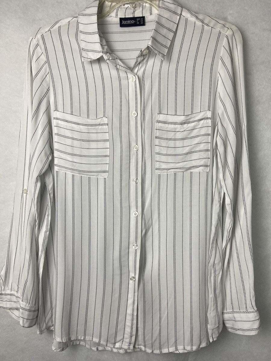JANINA WOMENS BUTTON DOWN SHIRT BLOUSE STRIPED BLACK AND WHITE