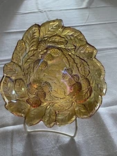 2 VTG Amber Indiana Glass Carnival Dish Loganberry w. Leaves