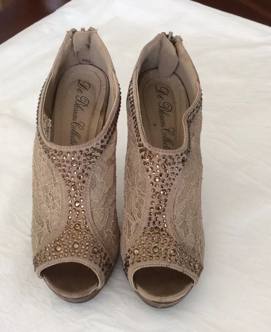 DE BLOSSOM COLLECTION YAEL-9 Color Brown Lace Rhine Dress Heel Shoes Sz 