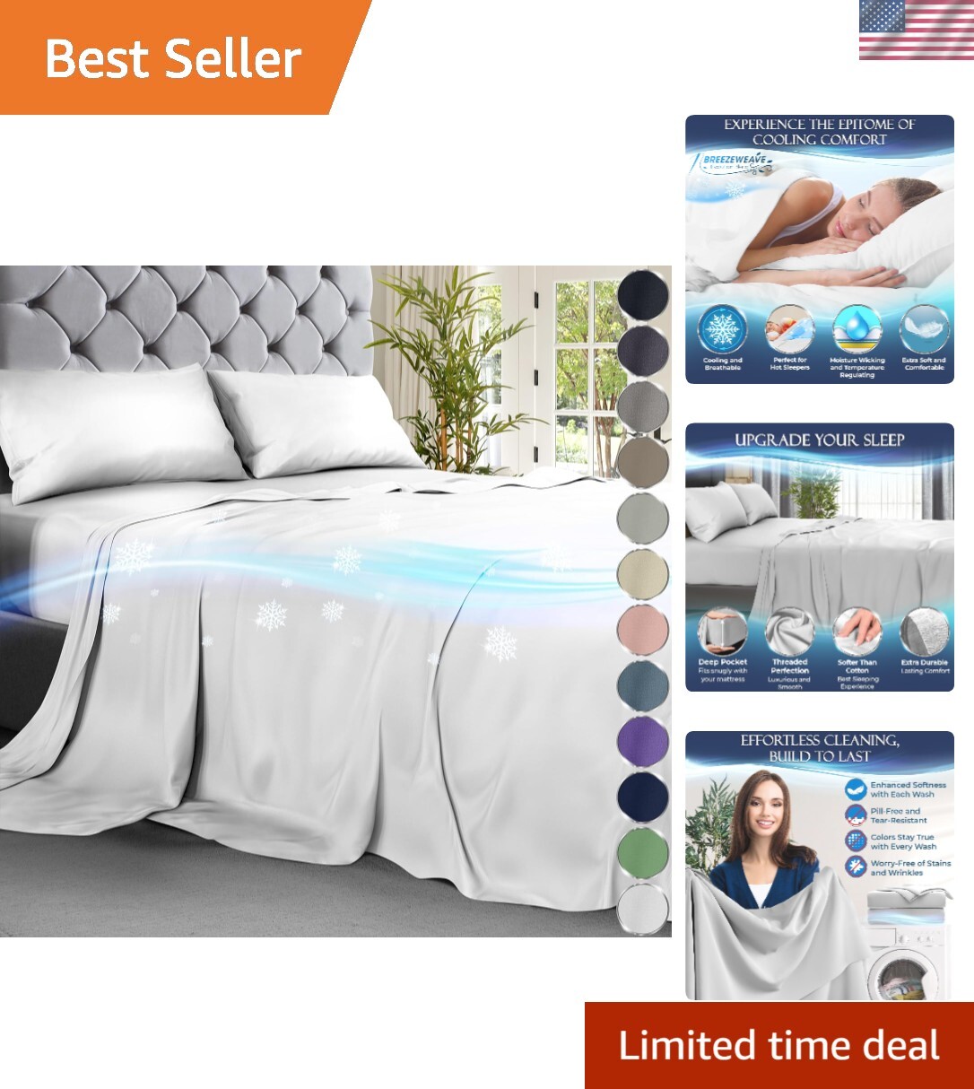 King Cooling Bed Sheets 4pcs Bamboo Viscose Microfiber Deep Pocket Set-image