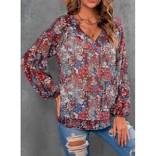 AELSON Women's Boho Floral Blouse - V Neck Long Sleeve Casual Tops For Everyday Wear