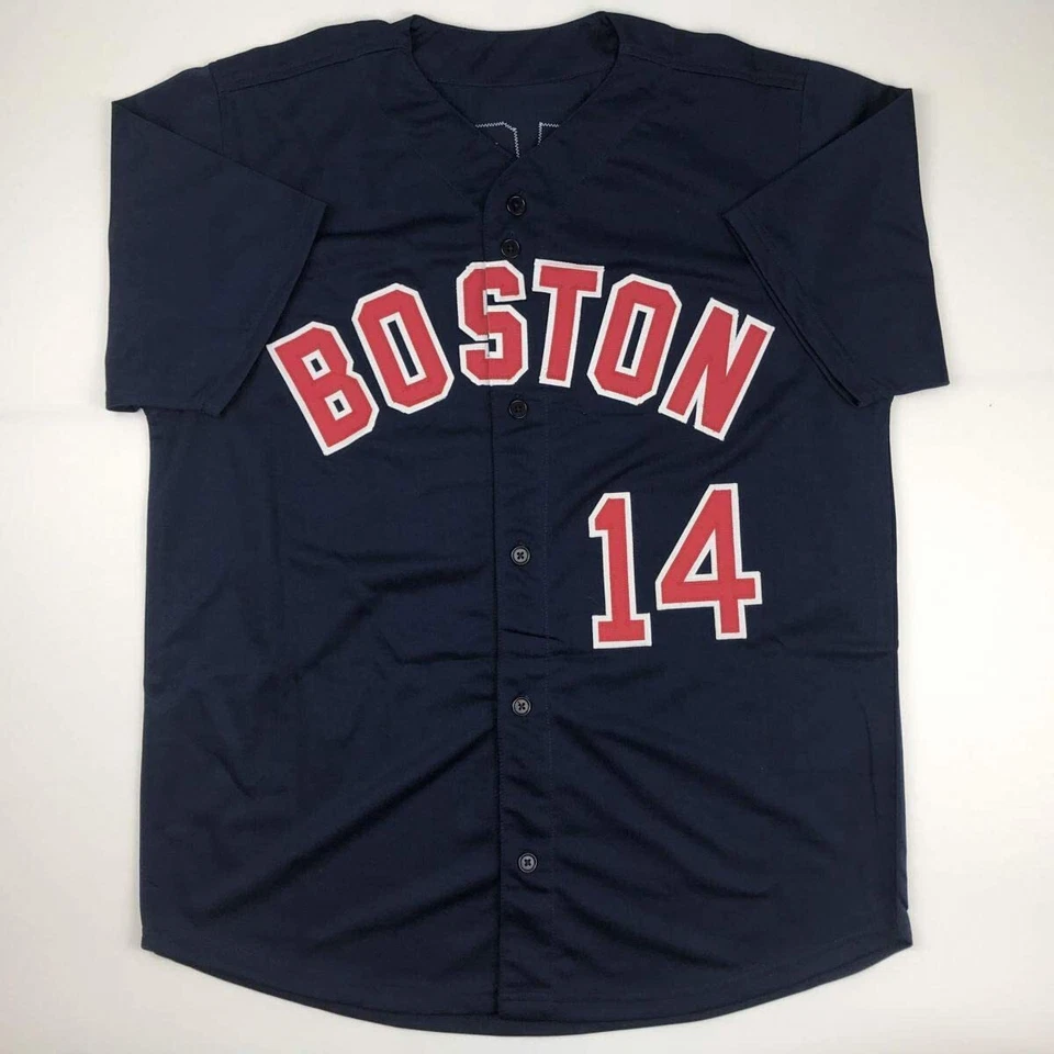 Camiseta deportiva de béisbol azul autografiada/firmada de Jim Rice Boston certificado de autenticidad JSA automática Foto 4 de 4