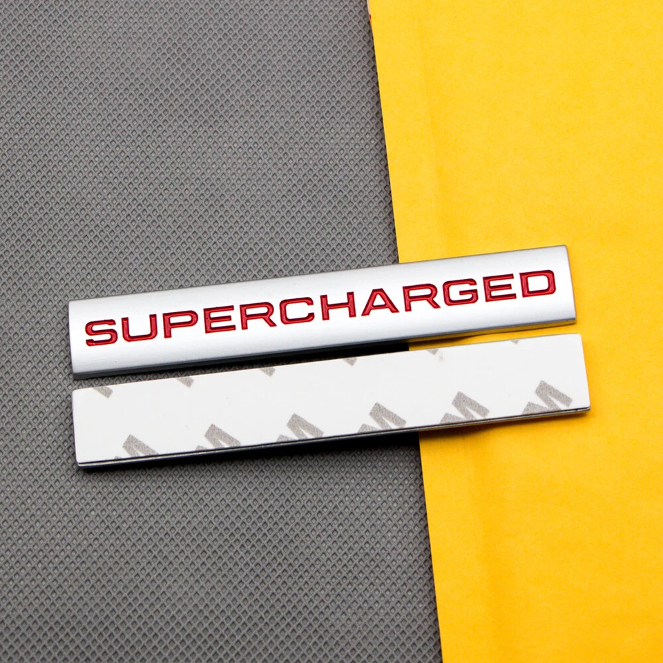 2Pcs Silver & Red Metal Supercharged Emblem Car Turbo Engine Badge V6 V8 Sticker - Image 3 of 4