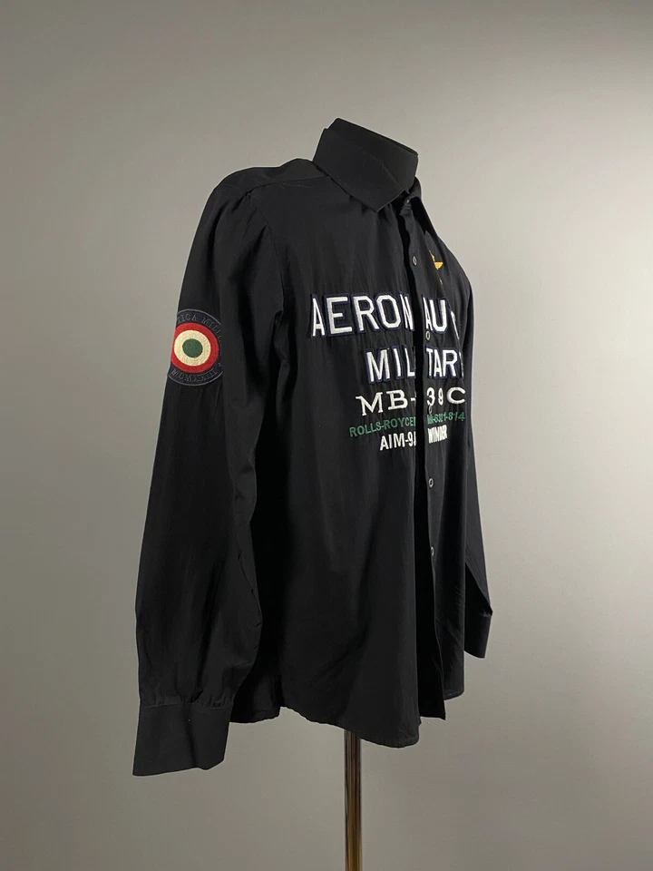 Camisa Aeronautica Militare Para Hombres Negra Bordada Logo Grande Abotonada Talla L Foto 2 de 4