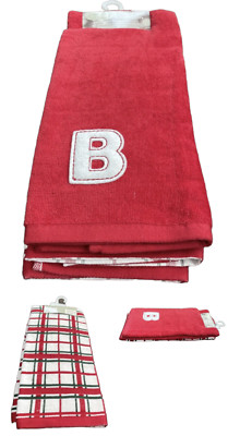 St. Nicholas Square B Monogram Hand Towel 2 Pack Set New with Tags Red Plaid