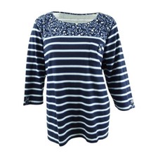 Karen Scott Womens Blue Floral Striped 3/4 Sl...