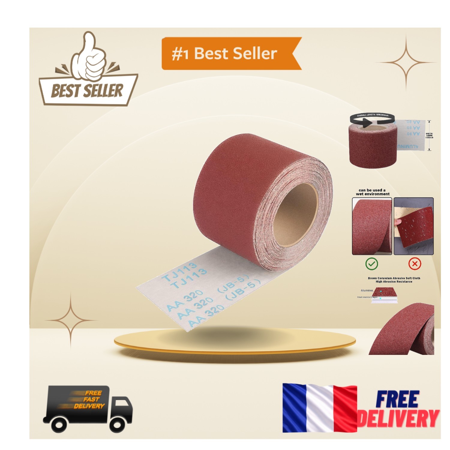 Rouleau de papier abrasif 93 mm de 10 m pour poncer les angles et métaux rouillés