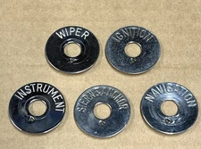 Vintage 5 USED Chrome Dash Switch Trim Rings~Tags~Chris Craft Cabin Cruisers