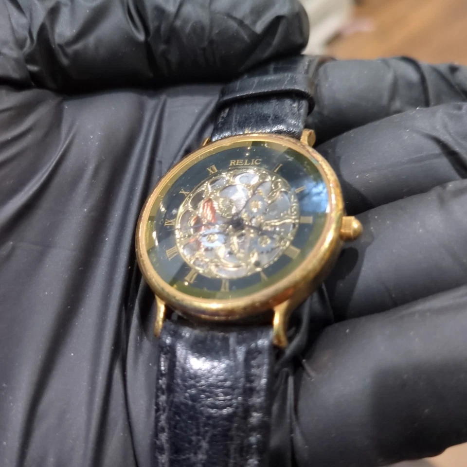 Working Vintage Relic Gold Tone Skeleton Dial Convex Crystal Unisex Watch 32mm  - Image 3 of 4