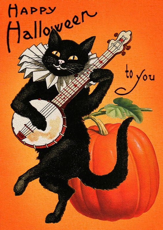 Black Cat Jig Art Halloween Greeting  Card  Banjo Pumpkin Madame Treacle